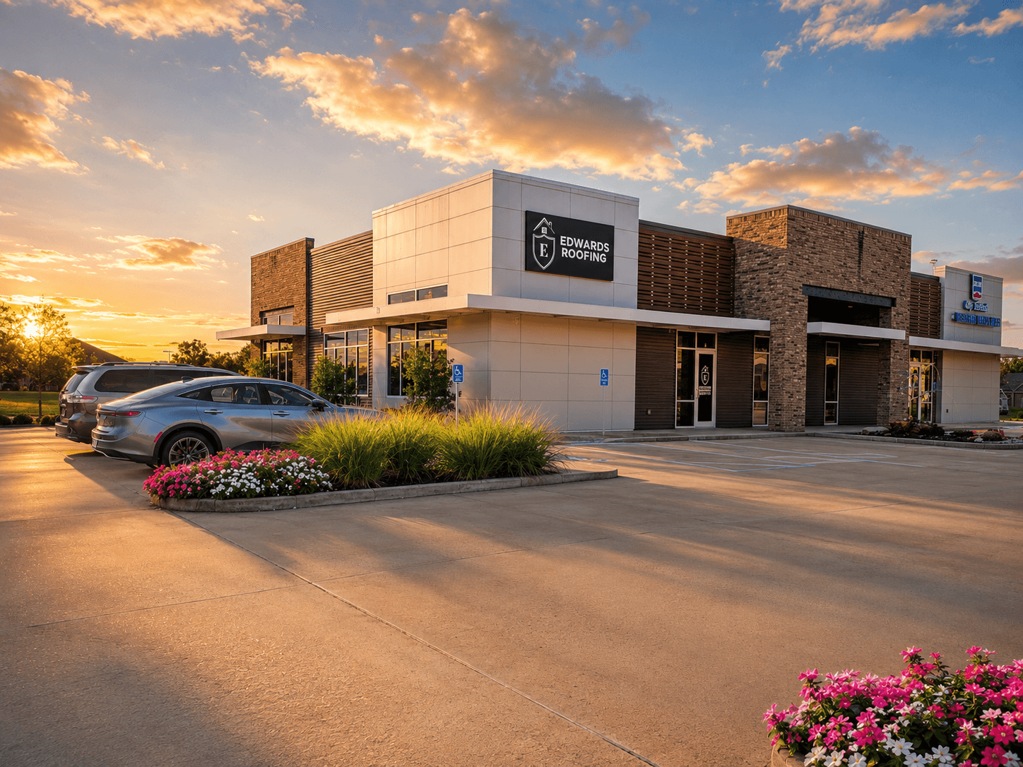 Edwards Roofing & Construction crew and offices at golden hour